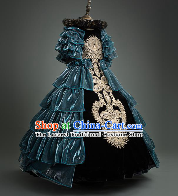 Top Children Cosplay Queen Embroidered Blue Full Dress Compere Catwalks Stage Show Dance Costume for Kids