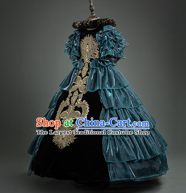 Top Children Cosplay Queen Embroidered Blue Full Dress Compere Catwalks Stage Show Dance Costume for Kids