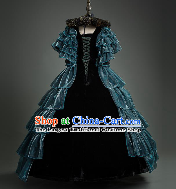 Top Children Cosplay Queen Embroidered Blue Full Dress Compere Catwalks Stage Show Dance Costume for Kids