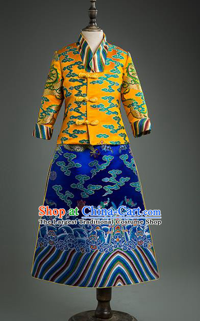 Traditional Chinese Children Qing Dynasty Golden Mandarin Jacket and Skirt Classical Dance Stage Performance Costume for Kids