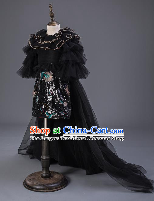 Top Children Cosplay Princess Black Veil Trailing Full Dress Compere Catwalks Stage Show Dance Costume for Kids
