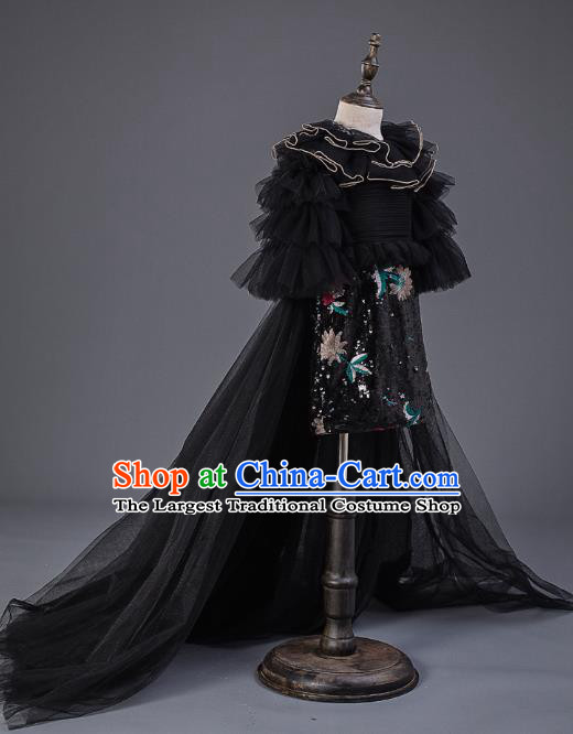Top Children Cosplay Princess Black Veil Trailing Full Dress Compere Catwalks Stage Show Dance Costume for Kids