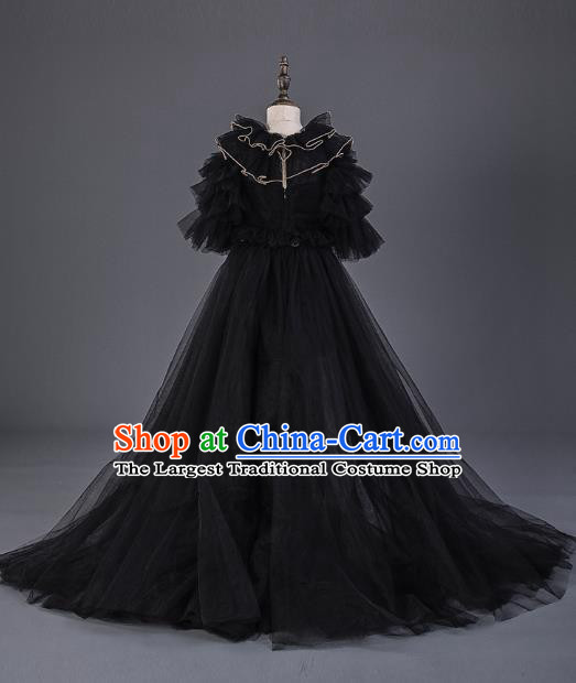 Top Children Cosplay Princess Black Veil Trailing Full Dress Compere Catwalks Stage Show Dance Costume for Kids