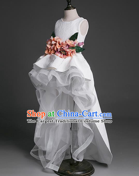 Top Children Modern Dance White Trailing Dress Compere Catwalks Stage Show Costume for Kids