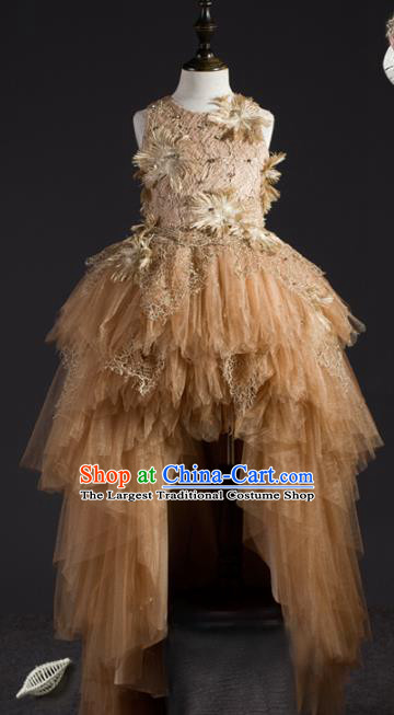Top Children Modern Dance Light Brown Veil Short Dress Compere Catwalks Stage Show Costume for Kids