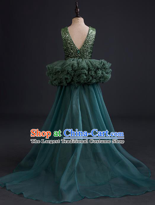 Top Children Cosplay Princess Deep Green Full Dress Compere Catwalks Stage Show Dance Costume for Kids
