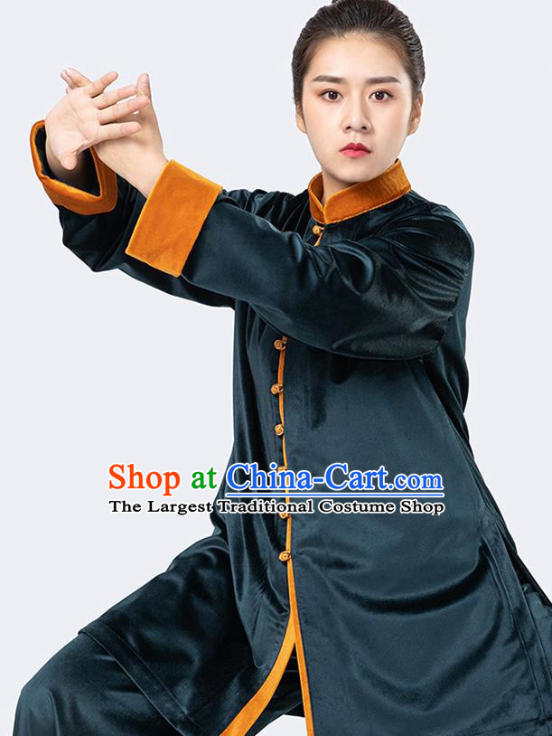 Traditional Chinese Tai Chi Atrovirens Velvet Outfits Martial Arts Stage Performance Costumes for Women