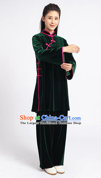 Top Tai Chi Kung Fu Competition Deep Green Pleuche Outfits Chinese Traditional Martial Arts Costumes for Women