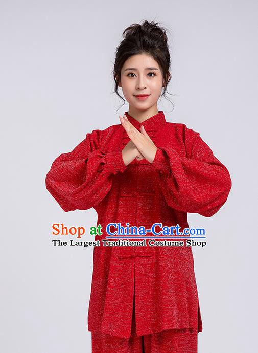 Top Chinese Tai Chi Training Red Outfits Traditional Kung Fu Martial Arts Competition Costumes for Women