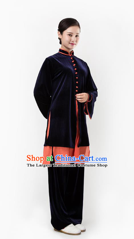 Top Chinese Martial Arts Navy Pleuche Outfits Traditional Tai Chi Kung Fu Training Costumes for Women