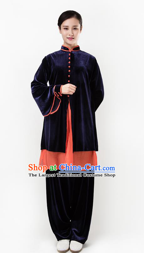 Top Chinese Martial Arts Navy Pleuche Outfits Traditional Tai Chi Kung Fu Training Costumes for Women