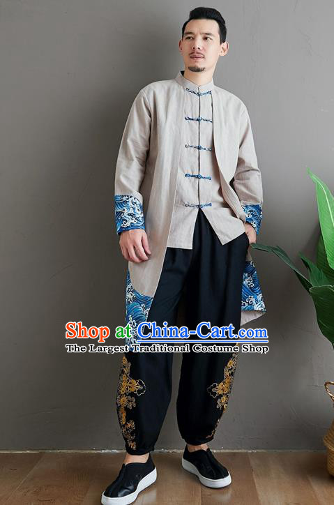 Top Chinese Tang Suit Beige Flax Coat Traditional Tai Chi Kung Fu Costume for Men