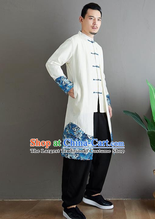 Top Chinese Tang Suit White Flax Coat Traditional Tai Chi Kung Fu Costume for Men