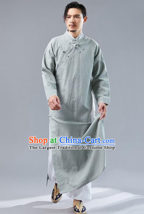 Top Chinese Tang Suit Light Green Flax Robe Traditional Republic of China Kung Fu Costumes for Men