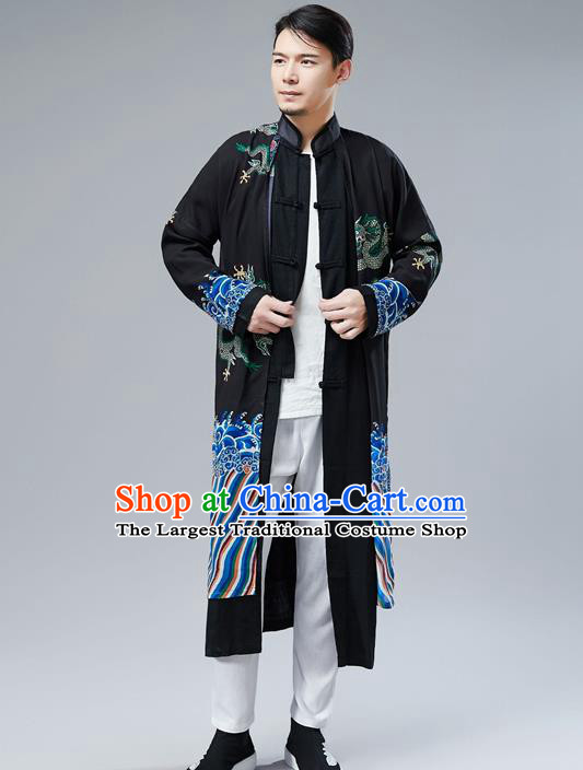 Top Chinese Tang Suit Printing Dragon Black Gown Traditional Republic of China Kung Fu Overcoat Costumes for Men