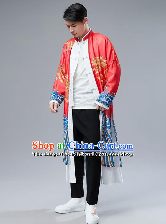 Top Chinese Tang Suit Printing Dragon Red Gown Traditional Republic of China Kung Fu Overcoat Costumes for Men