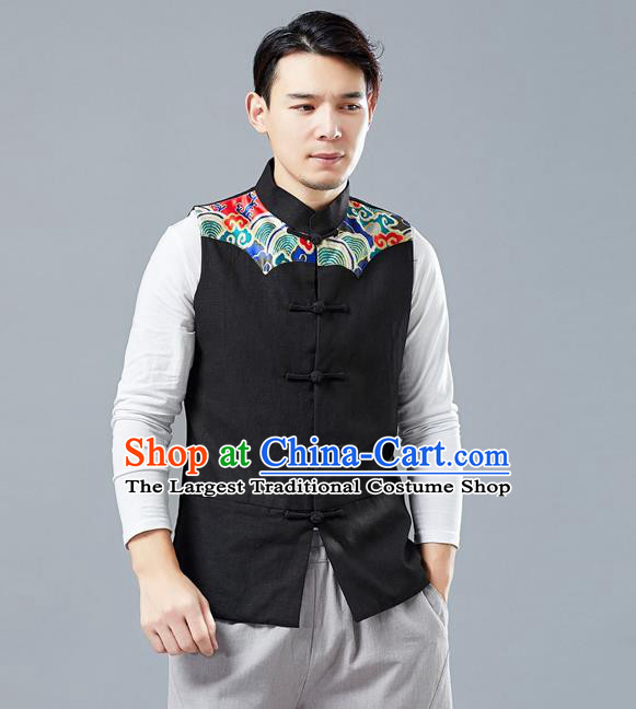 Chinese Tang Suit Printing Black Vest Traditional Tai Chi Kung Fu Waistcoat Upper Outer Garment Costume for Men