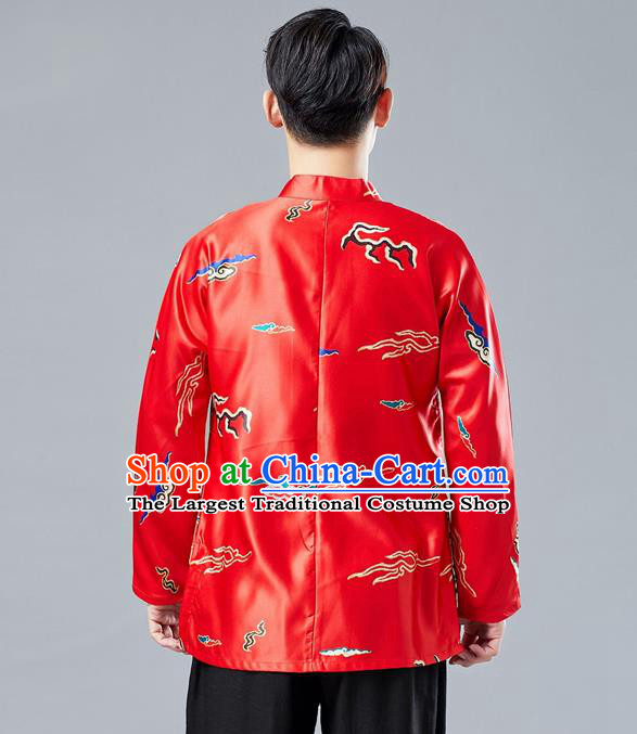 Top Chinese Tang Suit Printing Red Coat Traditional Tai Chi Kung Fu Overcoat Costume for Men
