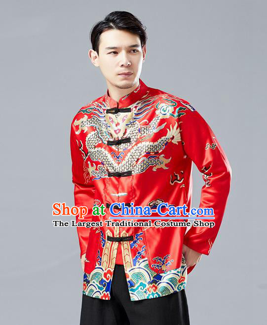 Top Chinese Tang Suit Printing Red Coat Traditional Tai Chi Kung Fu Overcoat Costume for Men