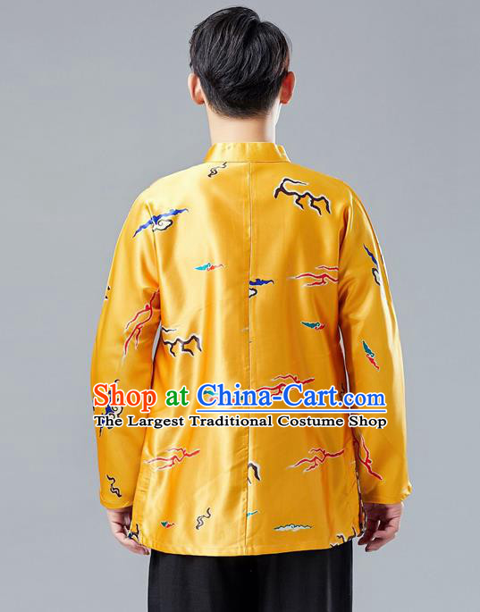 Top Chinese Tang Suit Printing Yellow Coat Traditional Tai Chi Kung Fu Overcoat Costume for Men