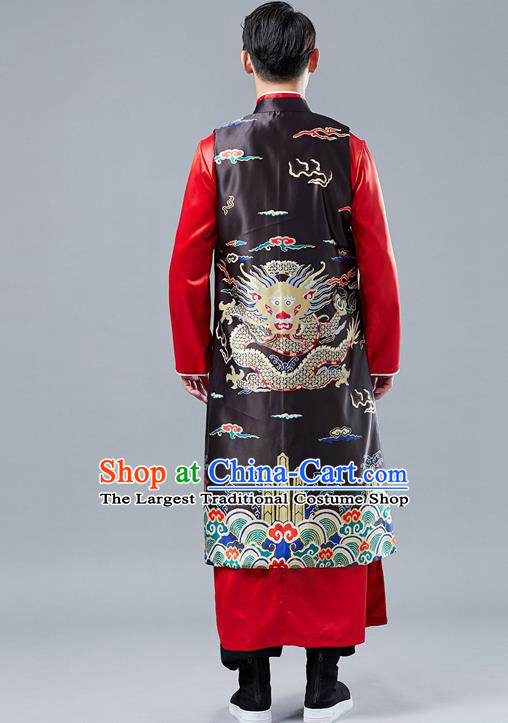 Chinese Tang Suit Printing Dragon Black Long Vest Traditional Tai Chi Kung Fu Overcoat Upper Outer Garment Costume for Men