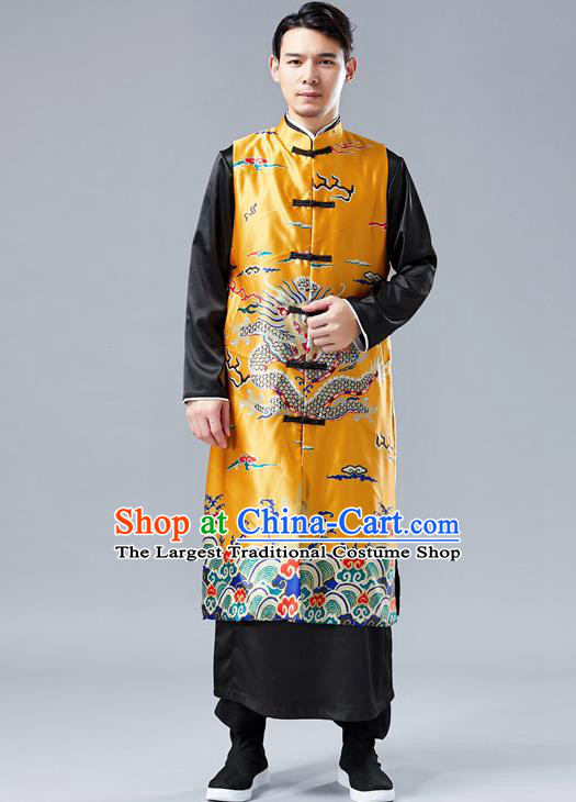 Chinese Tang Suit Printing Dragon Yellow Long Vest Traditional Tai Chi Kung Fu Overcoat Upper Outer Garment Costume for Men