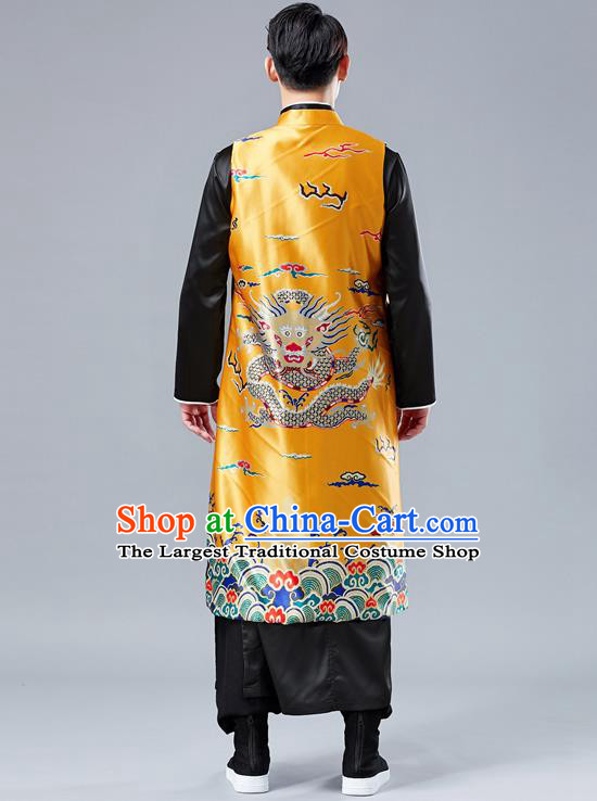 Chinese Tang Suit Printing Dragon Yellow Long Vest Traditional Tai Chi Kung Fu Overcoat Upper Outer Garment Costume for Men