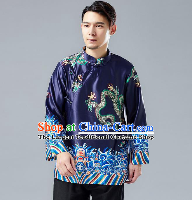 Top Chinese Tang Suit Printing Dragon Navy Jacket Traditional Tai Chi Kung Fu Overcoat Costume for Men