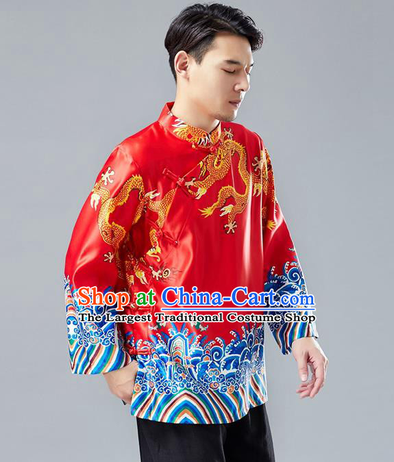 Top Chinese Tang Suit Printing Dragon Red Jacket Traditional Tai Chi Kung Fu Overcoat Costume for Men