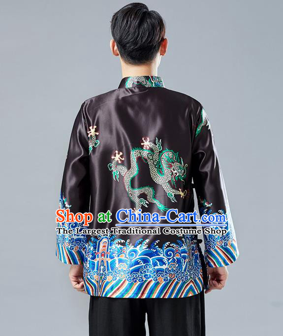 Top Chinese Tang Suit Printing Dragon Black Jacket Traditional Tai Chi Kung Fu Overcoat Costume for Men