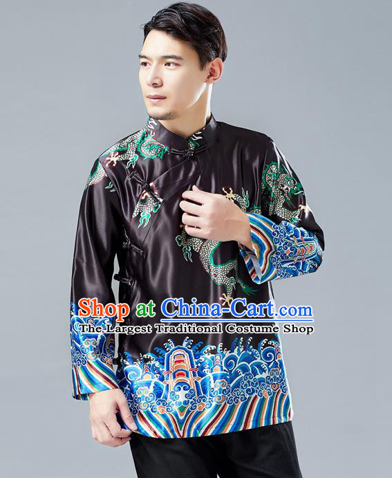 Top Chinese Tang Suit Printing Dragon Black Jacket Traditional Tai Chi Kung Fu Overcoat Costume for Men