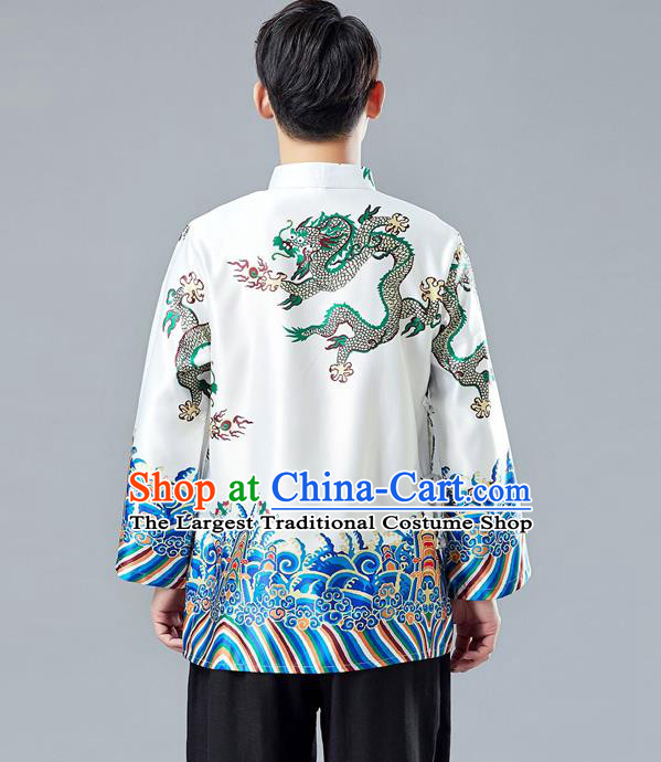 Top Chinese Tang Suit Printing Dragon White Jacket Traditional Tai Chi Kung Fu Overcoat Costume for Men