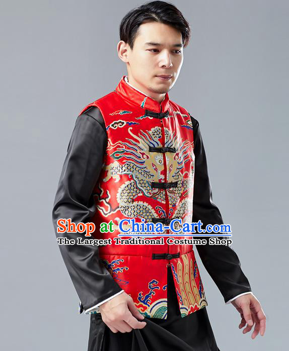 Chinese Tang Suit Printing Dragon Red Cotton Padded Vest Traditional Tai Chi Waistcoat Upper Outer Garment Costume for Men