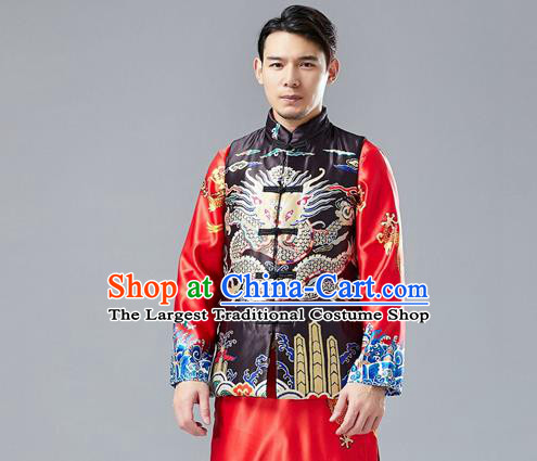 Chinese Tang Suit Printing Dragon Black Cotton Padded Vest Traditional Tai Chi Waistcoat Upper Outer Garment Costume for Men