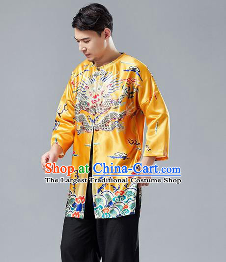 Top Chinese Tang Suit Printing Dragon Yellow Satin Cardigan Traditional Tai Chi Kung Fu Jacket Costume for Men