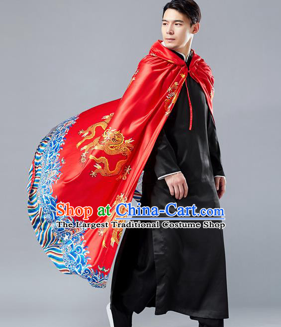 Top Chinese Tang Suit Printing Dragon Red Cape Traditional Tai Chi Kung Fu Cloak Costume for Men