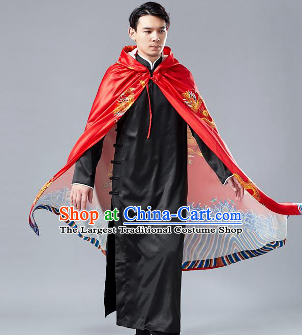 Top Chinese Tang Suit Printing Dragon Red Cape Traditional Tai Chi Kung Fu Cloak Costume for Men