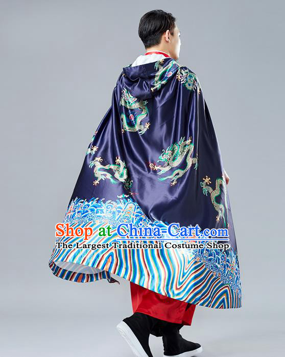 Top Chinese Tang Suit Printing Dragon Navy Cape Traditional Tai Chi Kung Fu Cloak Costume for Men