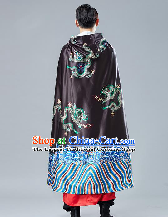 Top Chinese Tang Suit Printing Dragon Black Cape Traditional Tai Chi Kung Fu Cloak Costume for Men