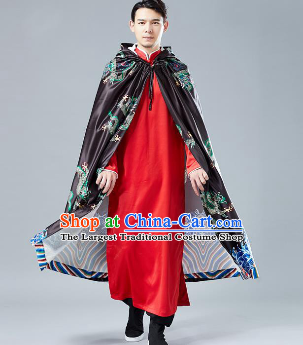 Top Chinese Tang Suit Printing Dragon Black Cape Traditional Tai Chi Kung Fu Cloak Costume for Men