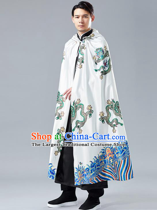 Top Chinese Tang Suit Printing Dragon White Cape Traditional Tai Chi Kung Fu Cloak Costume for Men