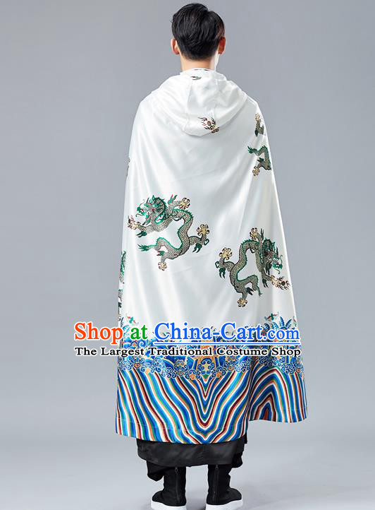 Top Chinese Tang Suit Printing Dragon White Cape Traditional Tai Chi Kung Fu Cloak Costume for Men