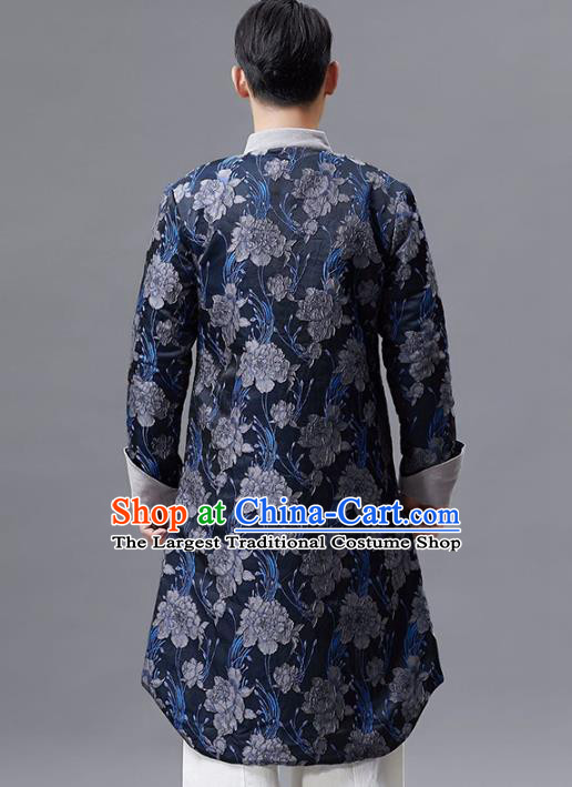 Top Chinese Tang Suit Printing Navy Coat Traditional Tai Chi Kung Fu Overcoat Costume for Men