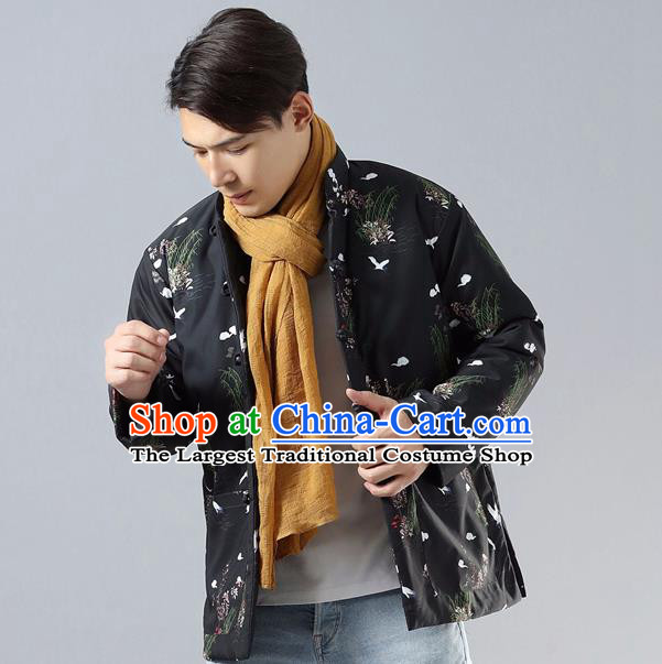 Top Chinese Tang Suit Black Cotton Padded Jacket Traditional Tai Chi Kung Fu Coat Costume for Men