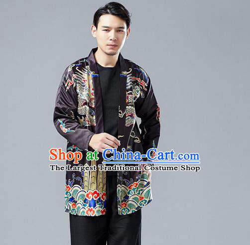 Top Chinese Tang Suit Printing Dragon Black Cardigan Traditional Tai Chi Kung Fu Jacket Costume for Men