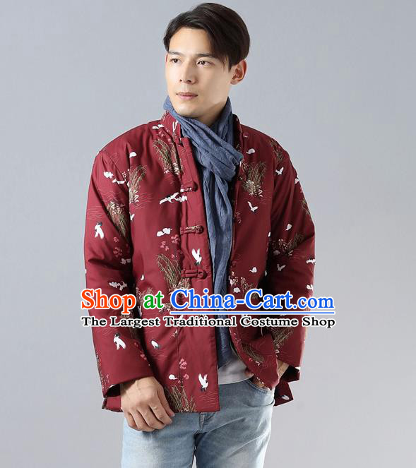 Top Chinese Tang Suit Red Cotton Padded Jacket Traditional Tai Chi Kung Fu Coat Costume for Men