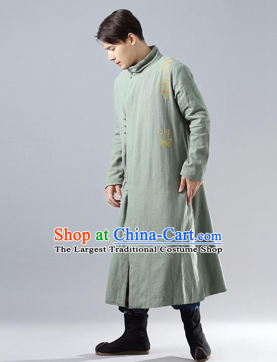 Top Chinese Tang Suit Embroidered Green Dust Coat Traditional Tai Chi Kung Fu Overcoat Costume for Men