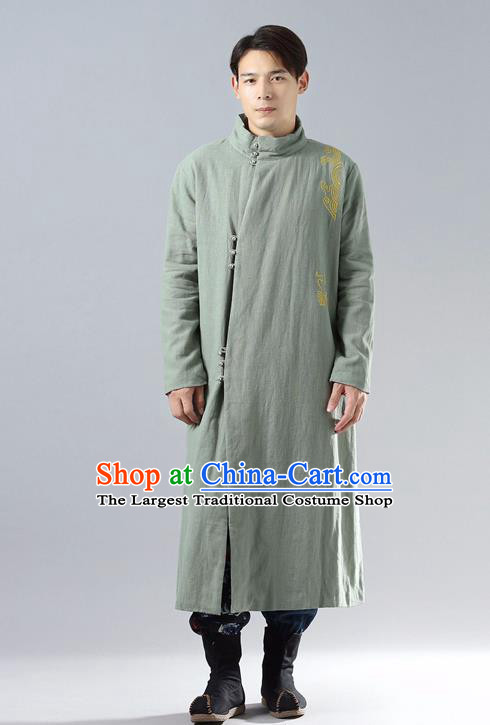 Top Chinese Tang Suit Embroidered Green Dust Coat Traditional Tai Chi Kung Fu Overcoat Costume for Men