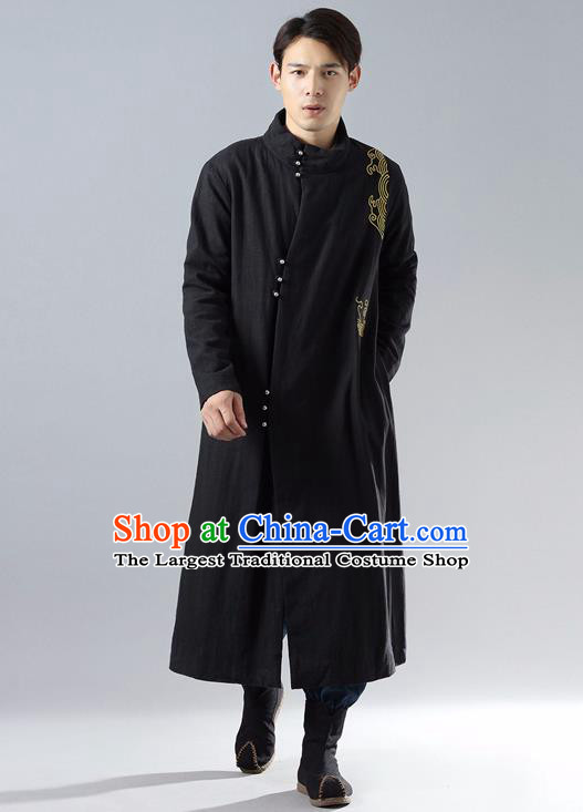 Top Chinese Tang Suit Embroidered Black Dust Coat Traditional Tai Chi Kung Fu Overcoat Costume for Men