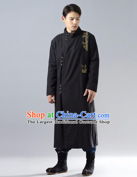 Top Chinese Tang Suit Embroidered Black Dust Coat Traditional Tai Chi Kung Fu Overcoat Costume for Men